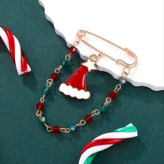 Christmas Hat Chain Pin Festive Holiday Red Gold Green Rhinestone Brooch