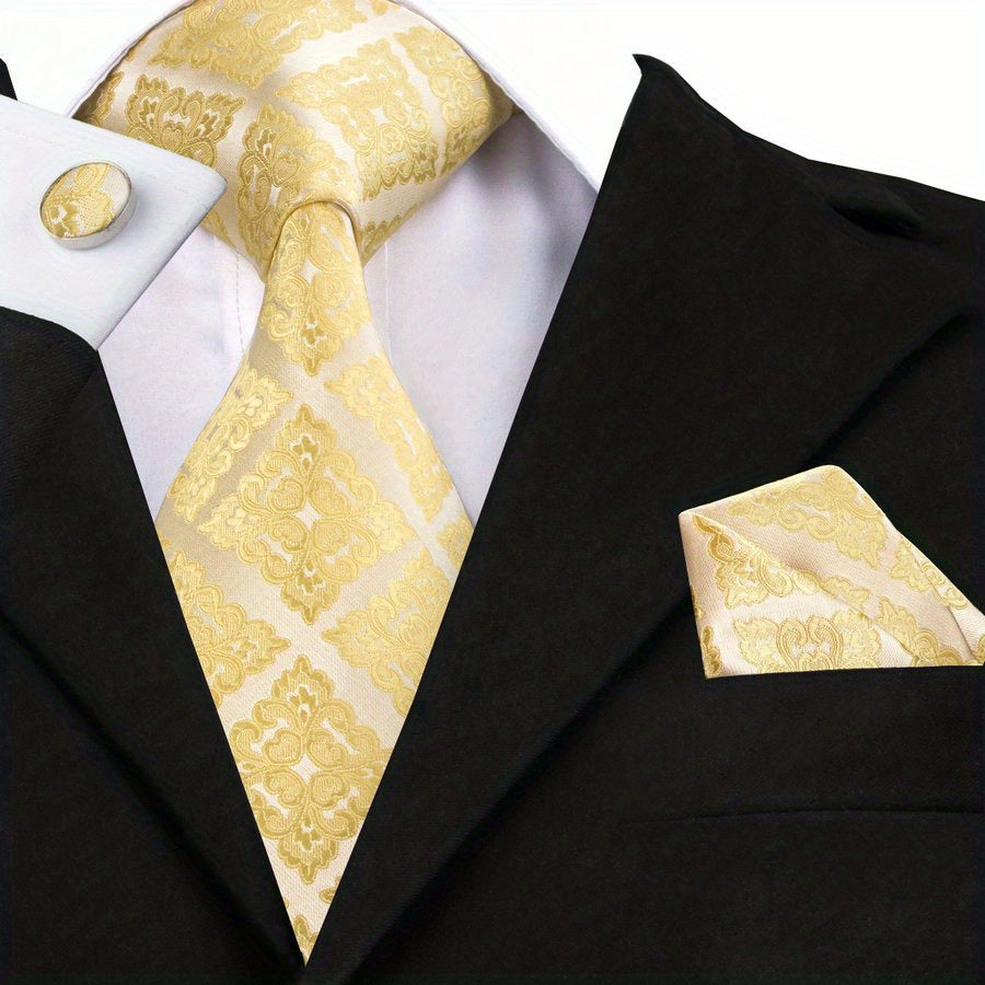 Men's Floral Necktie Set with Clip and Handkerchief