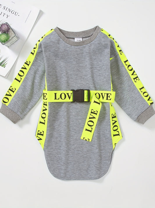 Girls' Side Taping Crew Neck Buckle Belt Dress For Party Going Out