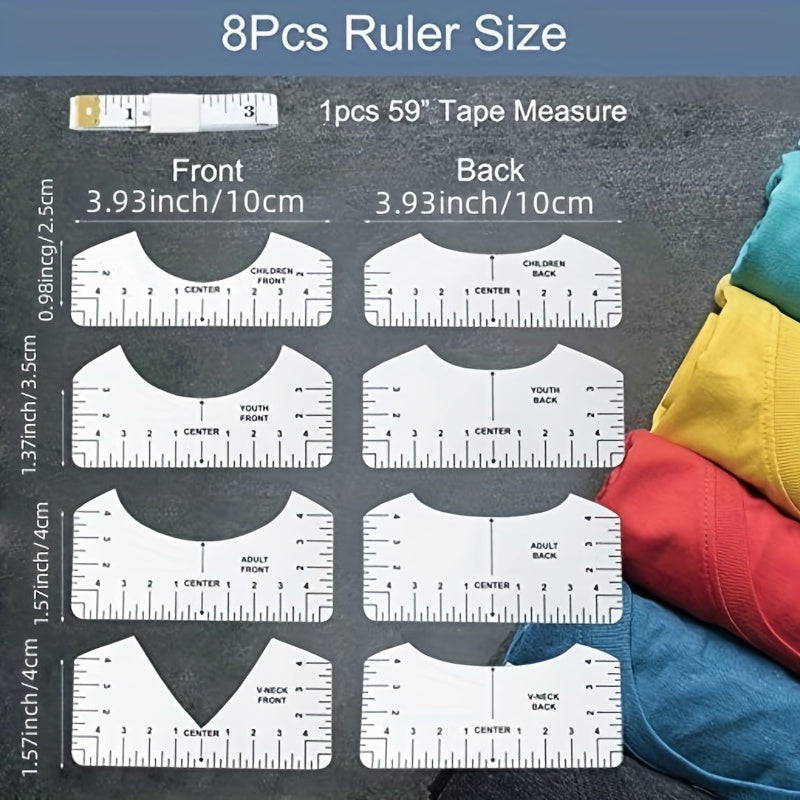 9pcs Tshirt Ruler Guide For Vinyl Alignment Heat Press Transparent PVC Ruler