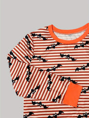  Stripe & Bat Print Pajama Set Long Sleeve Top & Pants