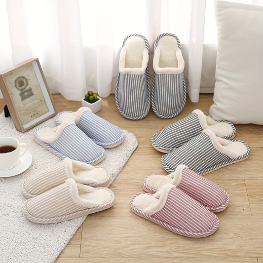 Plush Lined Striped Slippers Warm Flat Shoes Home Fuzzy Slippers