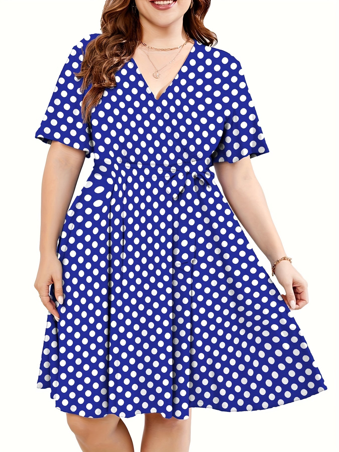  Polka Dot Print Short Sleeve V Neck Dress With Belt