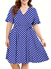  Polka Dot Print Short Sleeve V Neck Dress With Belt