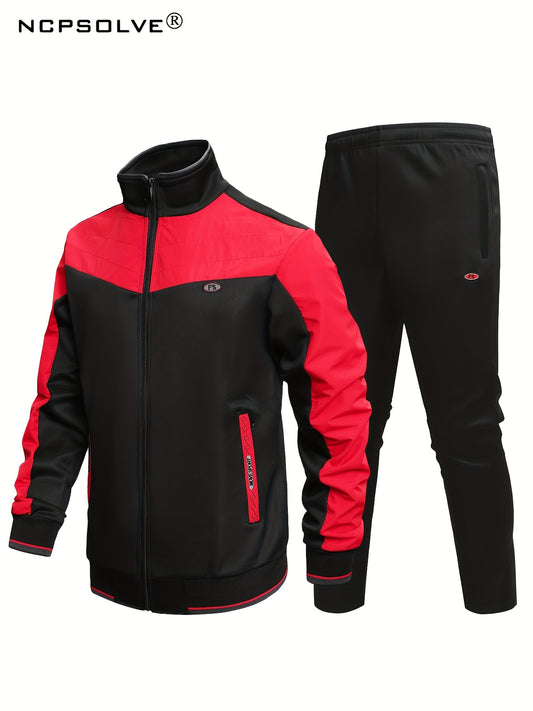 Men's Sports Suit Classic Stand Collar Jacket & Stretch Waist Pants
