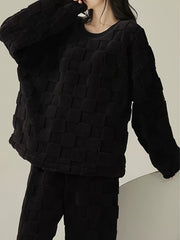 Solid Fuzzy Lounge Set Crew Neck Top & Pants Women's Loungewear