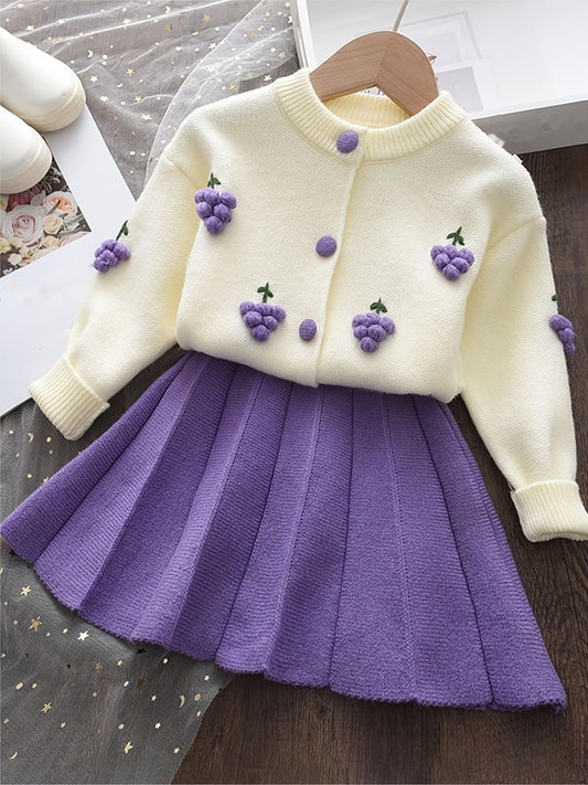 Girls Knit Cardigan & Pleated Skirts Set for Baby Kids Spring Fall