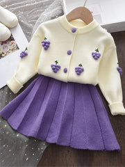 Girls Knit Cardigan & Pleated Skirts Set for Baby Kids Spring Fall