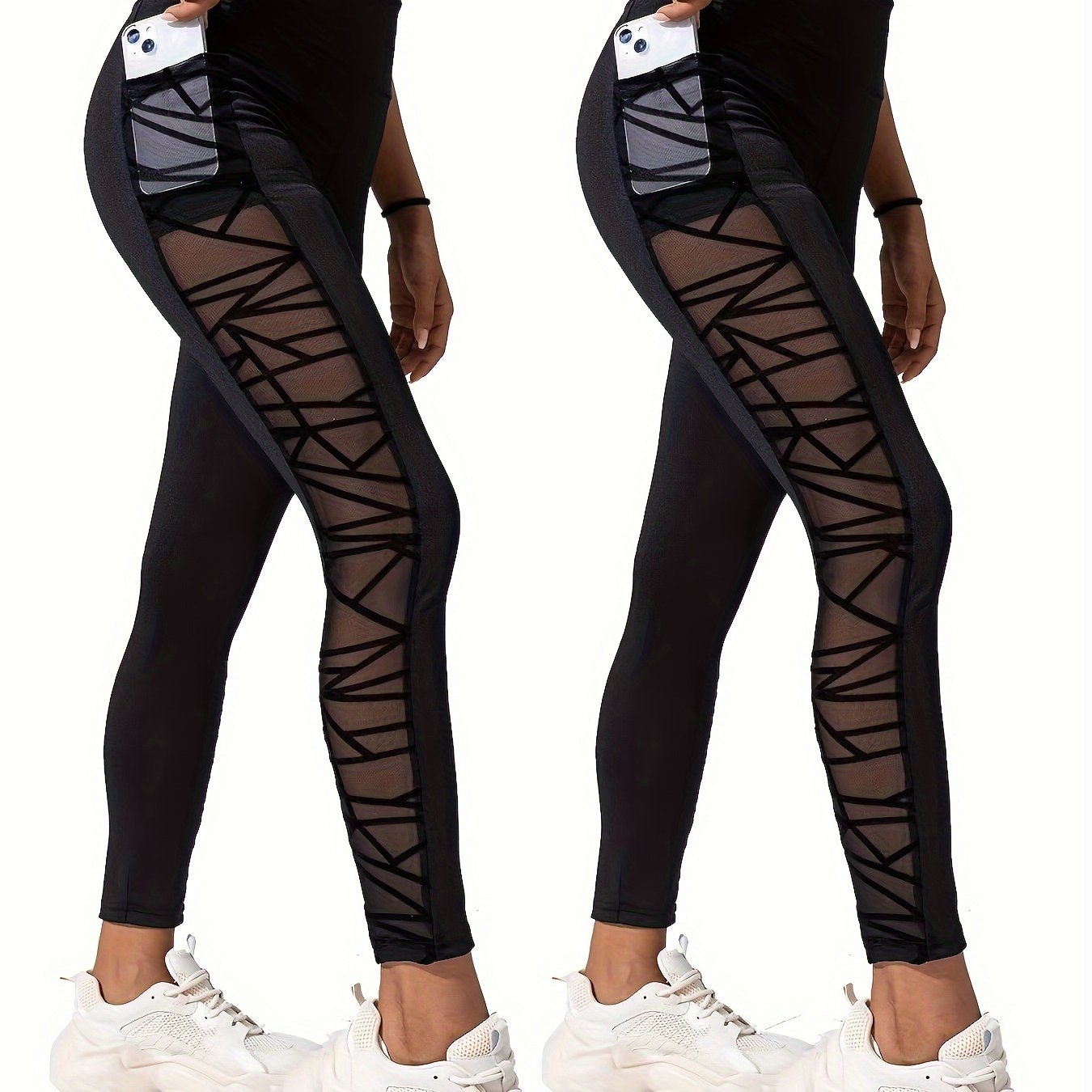 2pcs Mesh Insert Yoga Leggings With Pocket High Waist Sports Tight Pants