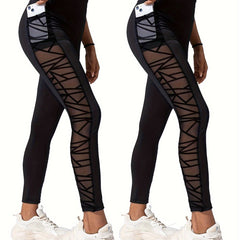 2pcs Mesh Insert Yoga Leggings With Pocket High Waist Sports Tight Pants
