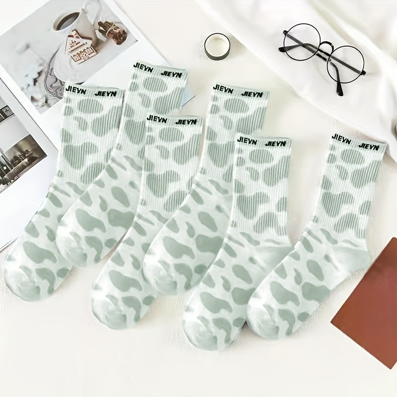6 Pairs Cow Spot Print Socks Breathable Letter Print Stockings