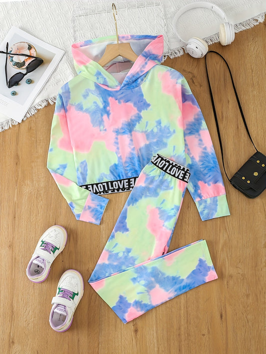 Girl's Tie Dye 2pcs Hoodie & Sweatpants Set LOVE Print Long Sleeve Top