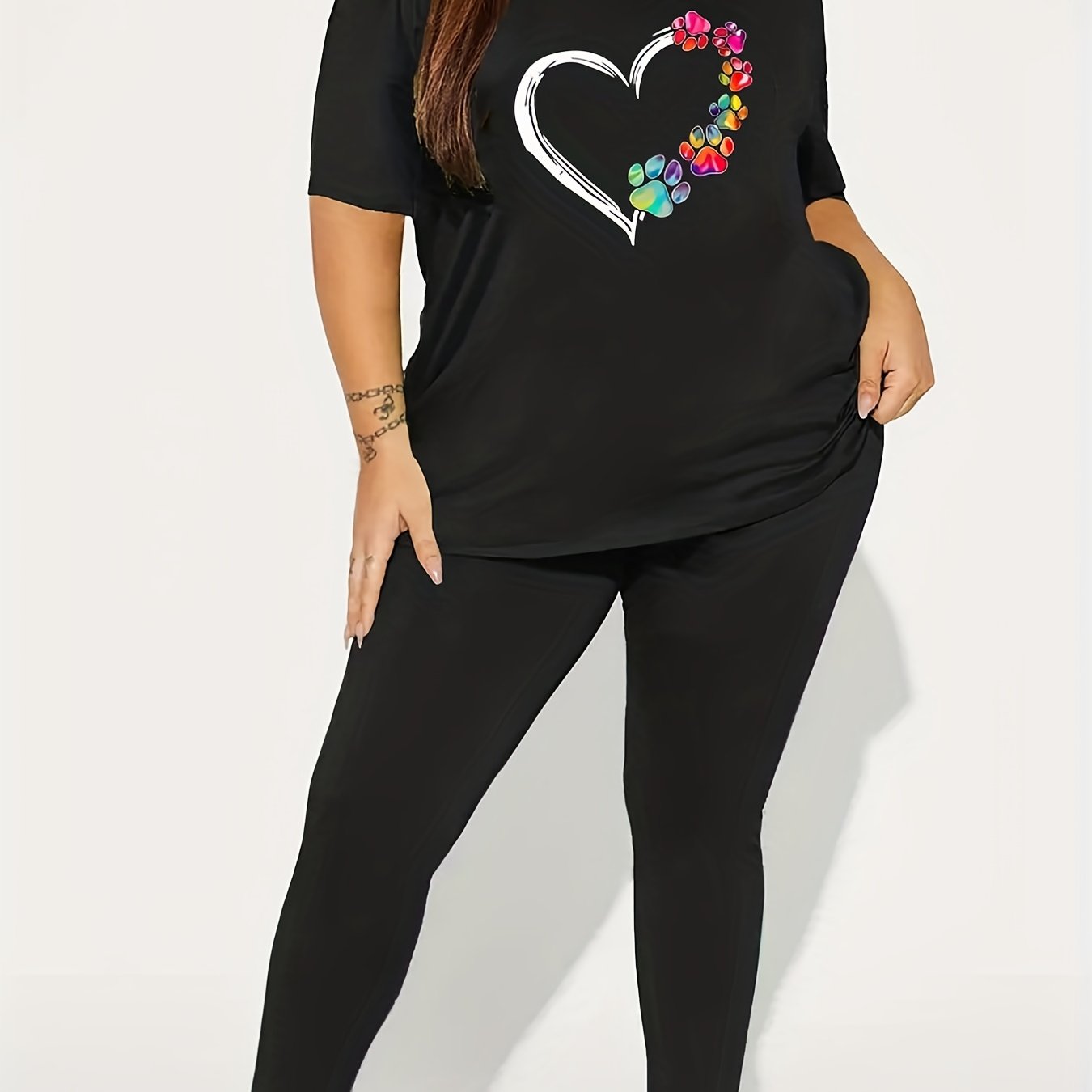 Women's Plus Paw Heart Print Tee & Leggings 2 Piece Set
