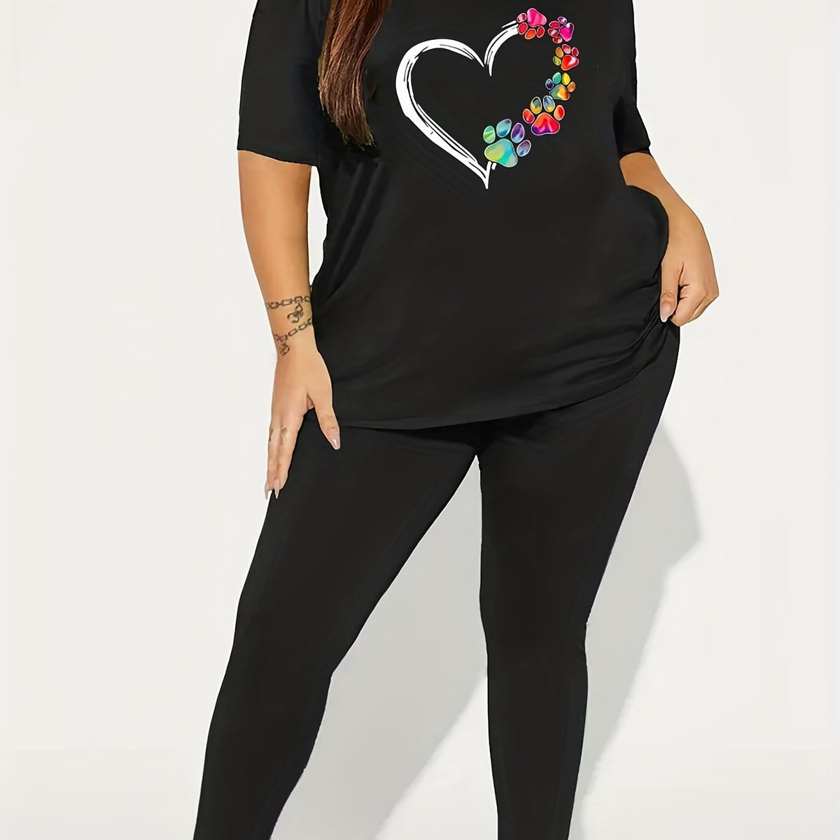 Women's Plus Paw Heart Print Tee & Leggings 2 Piece Set