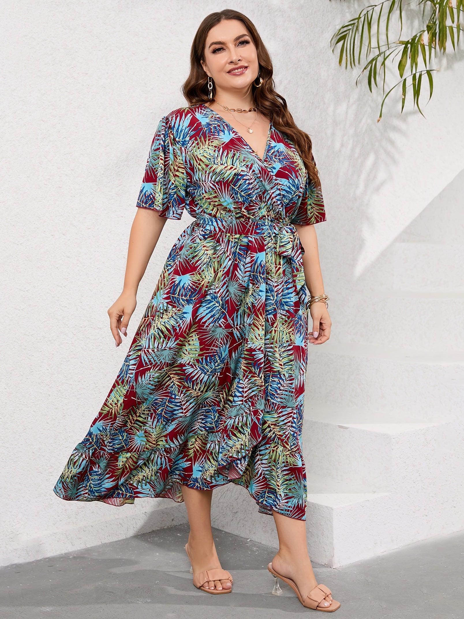  Tropical Print Maxi Wrap Dress With Belt