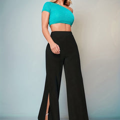  Pants Solid Elastic High Rise Flared Leg Trousers