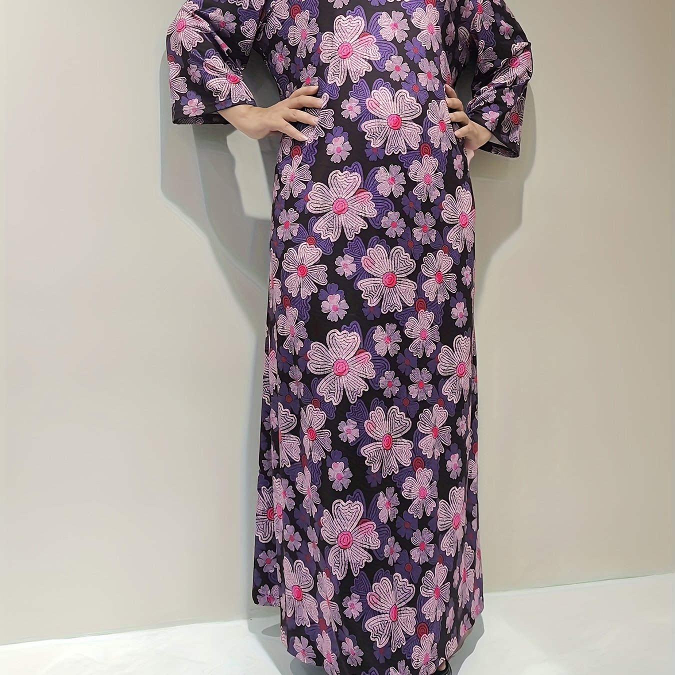 Boho Nightdress Women's Plus Floral Print Long Sleeve Round Neck Loose Sleep Dre