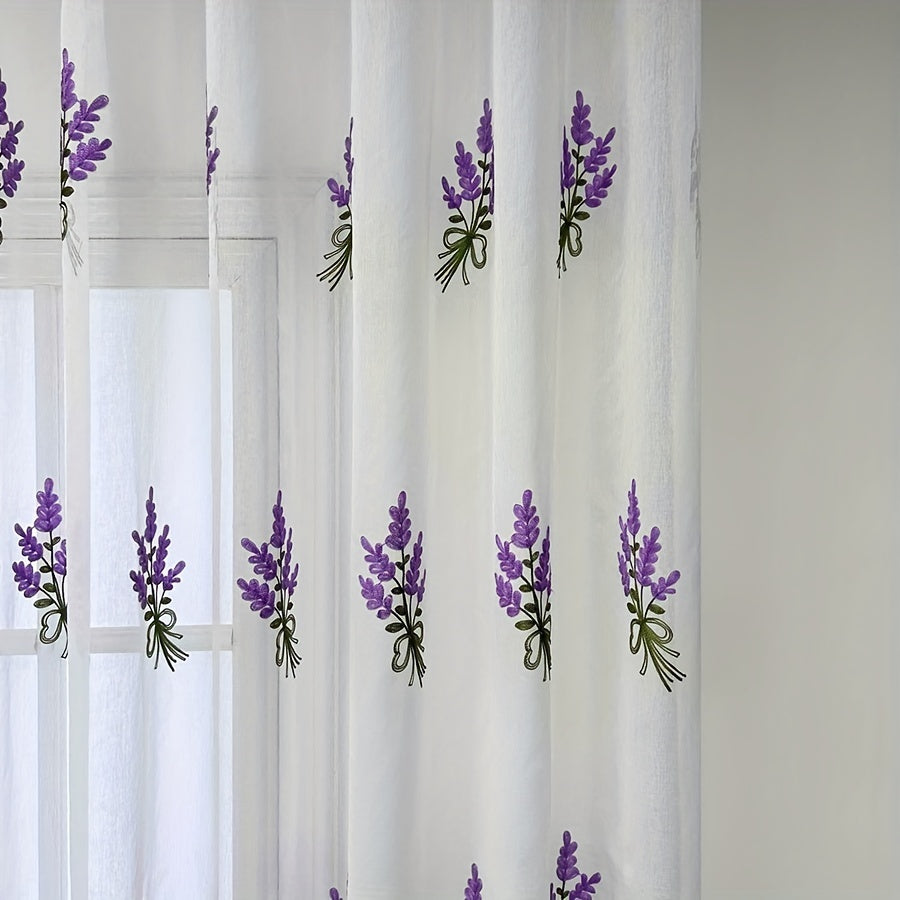 Embroidered Curtain Purple Lavender Flower Tulle Sheer Curtain
