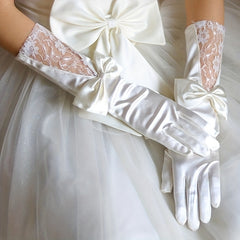 Bowknot Satin Long Gloves Lace Embroidery Classic Wedding Dress Gloves