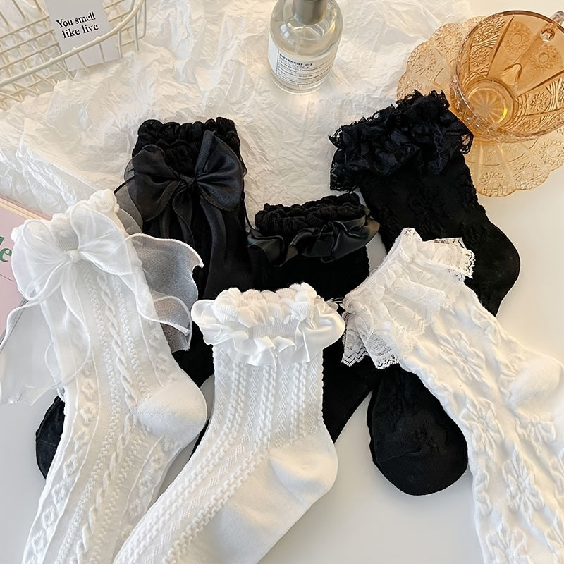 6 Pairs Soft Lacey Socks Lolita Floral Trim Women's Stockings
