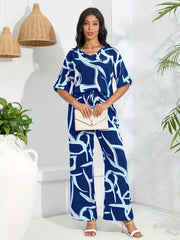 Abstract Print 2pc Set V Neck Half Sleeve Tops & Wide Leg Pants