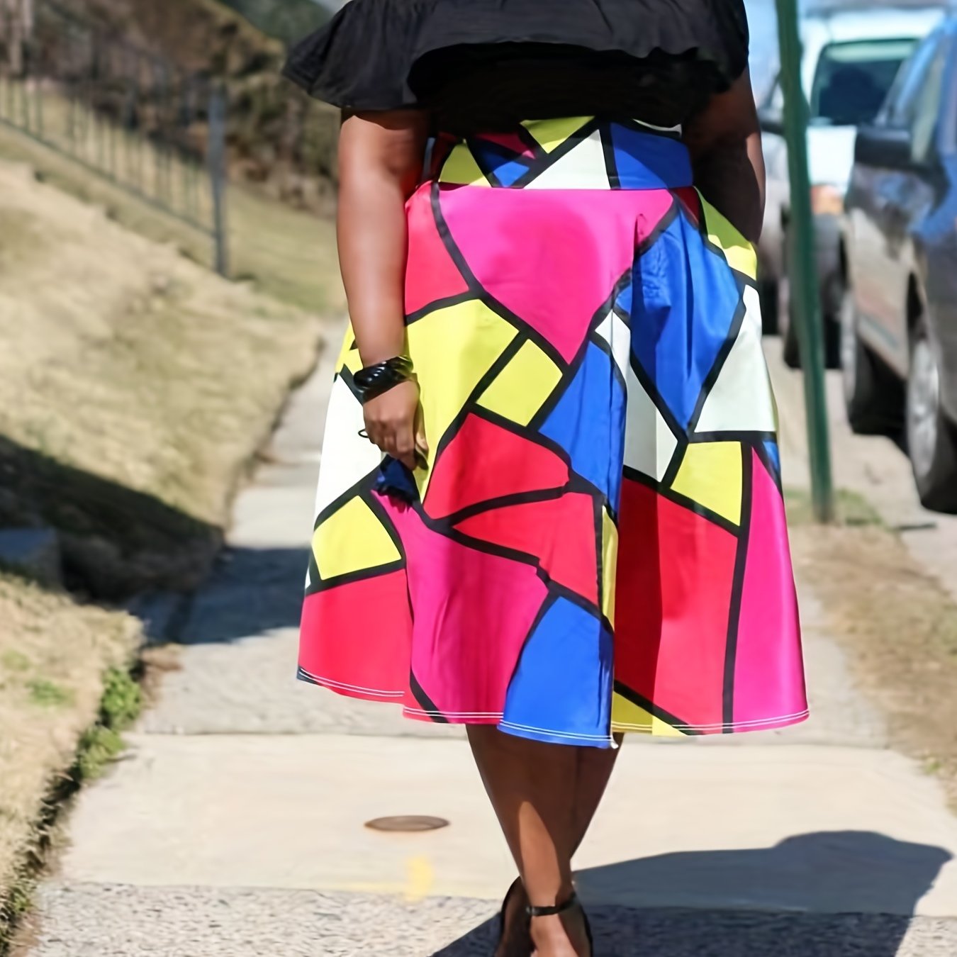  Geo Print Pleated Stretch Skirt