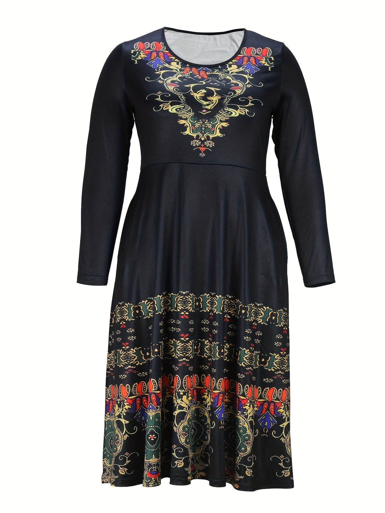  Boho Dress Women's Plus Floral Print Long Sleeve Round Neck Dress