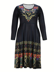  Boho Dress Women's Plus Floral Print Long Sleeve Round Neck Dress