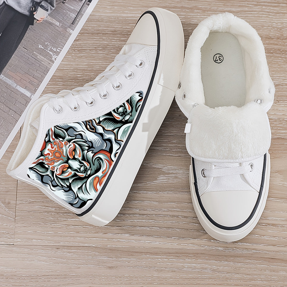 Animal Print Plush Lined Thermal Chunky Canvas Sneakers