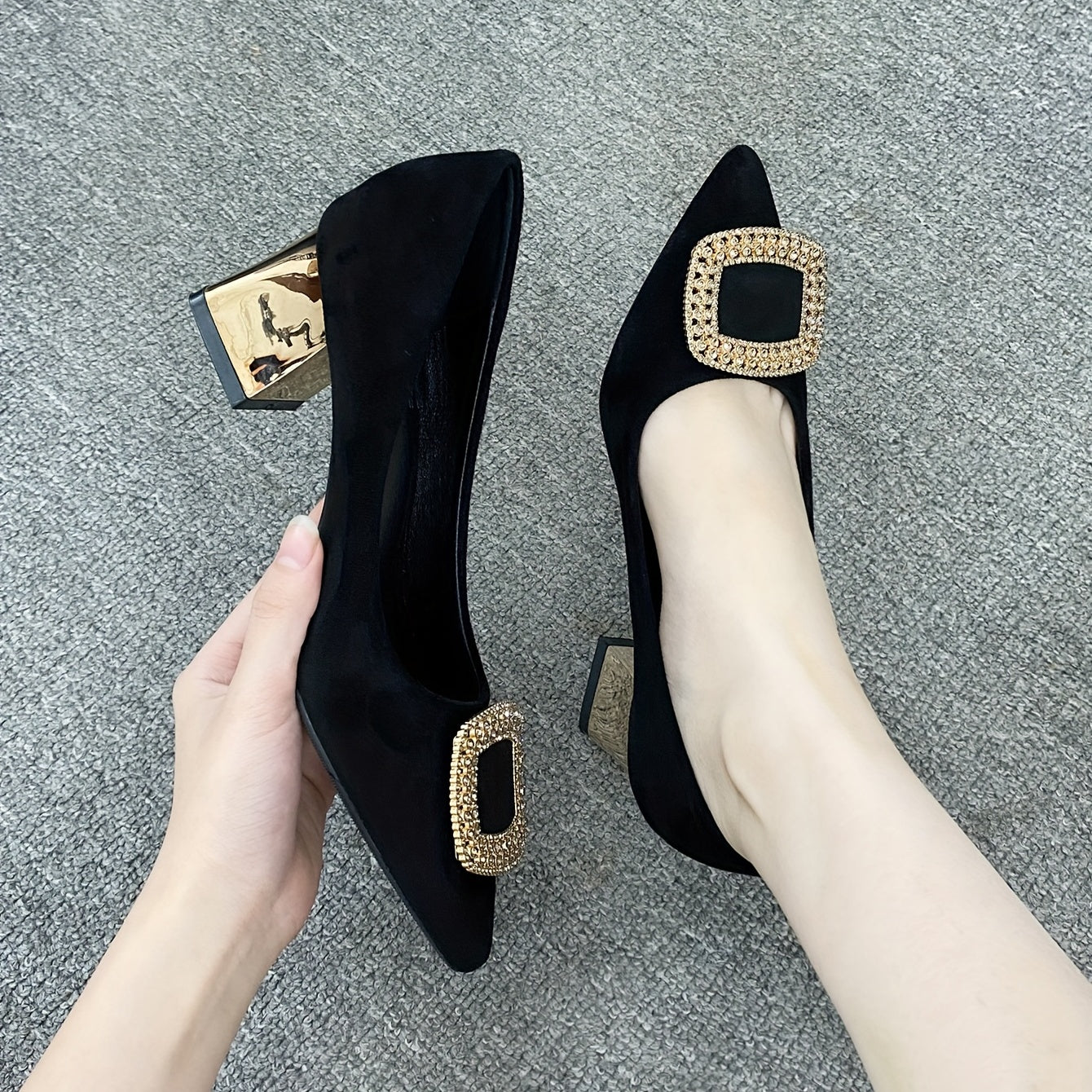 Women's Pointed Toe High Heels Square Metallic Slip On Shoes