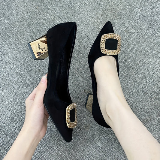 Women's Pointed Toe High Heels Square Metallic Slip On Shoes