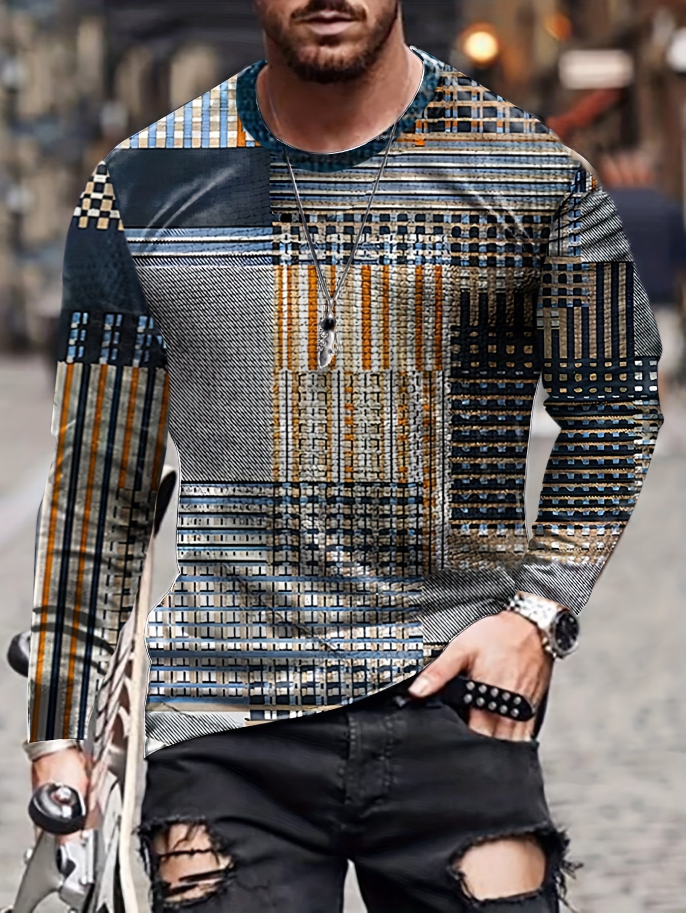Block Print Men's Long Sleeve Novelty T-shirt for Autumn