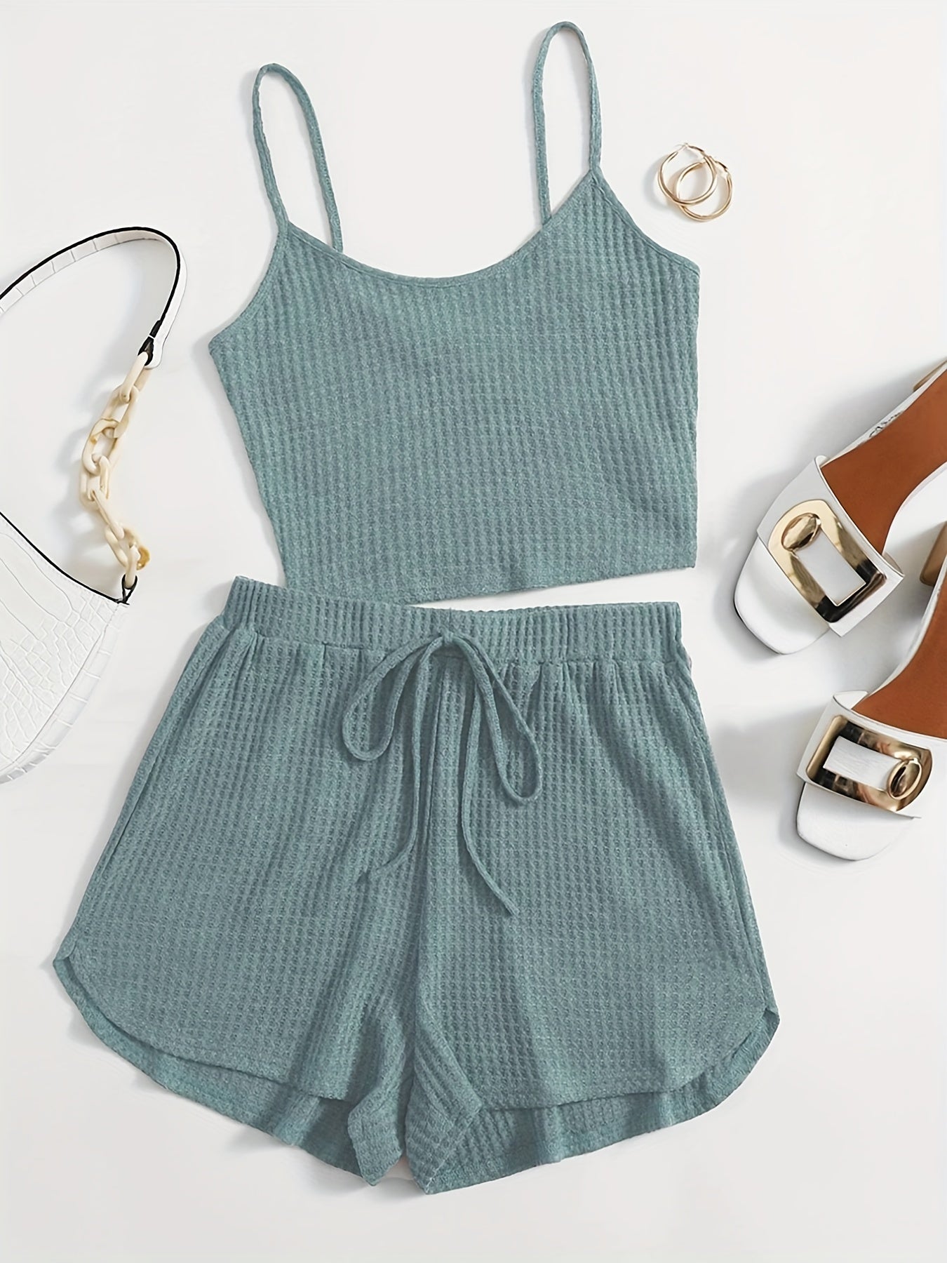 Waffle Knit Cami Top & Drawstring Shorts Set Women's Clothing