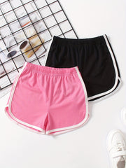 2pcs Girls' Contrast Binding Sports Shorts Set For Yoga Outfit