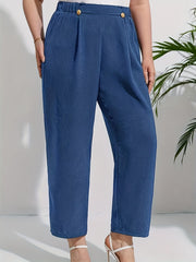  Solid Button Detail High Rise Crop Trousers