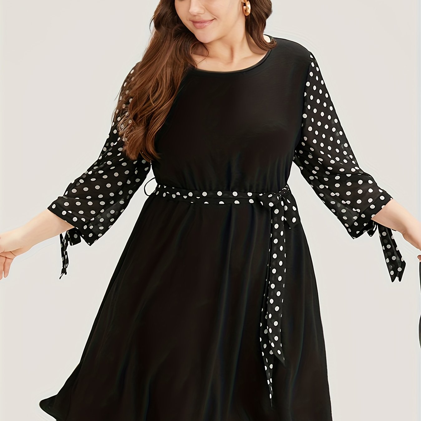 Plus Size Colorblock Dot Print Knot Sleeve Dress With Belt