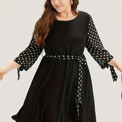 Plus Size Colorblock Dot Print Knot Sleeve Dress With Belt