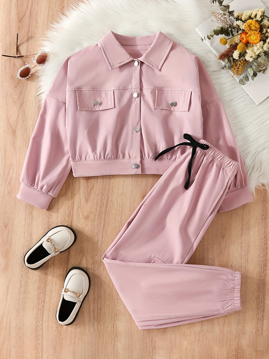 Girl's Button Front Coat & Pants Set Solid Top Outfits Kids Clothes