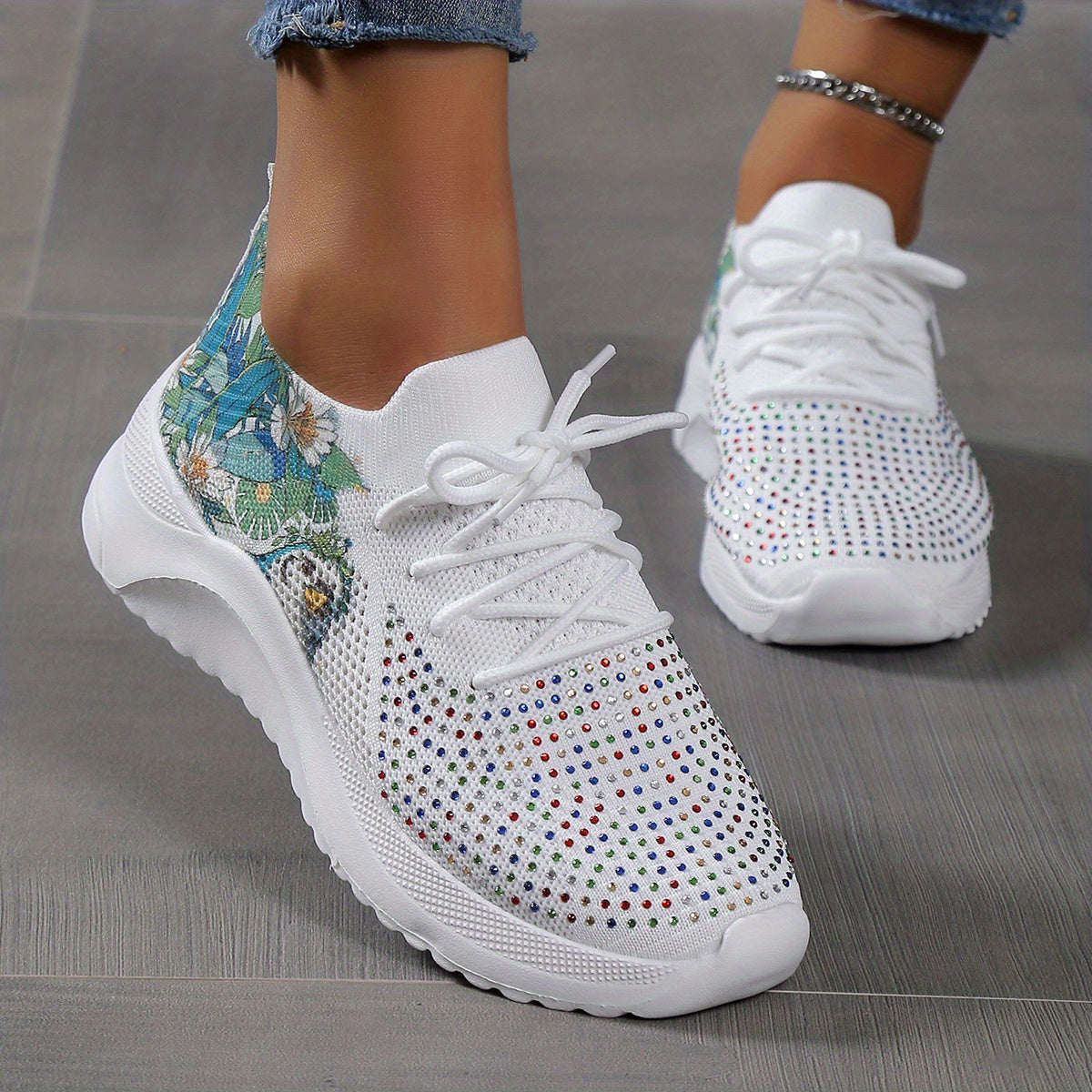 Women's Rhinestone Decor Knit Sports Shoes Lace Up Sneakers