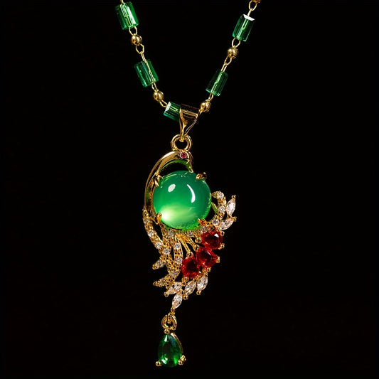 Golden Peacock Green Pendant Necklace - Timeless Beauty - Gift for Mother's Day