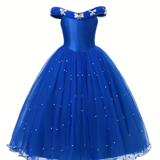 Girls Off Shoulder Tulle Princess Dress with Artificial Diamond and Pearl Decor