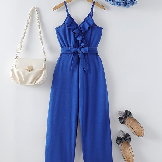 Girls Ruffle V-neck Summer Jumpsuit with Belt