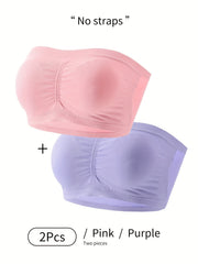 2pcs Solid Strapless Bandeau Bras Stretch Everyday Bra Women's Lingerie