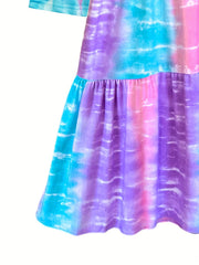 Women's Plus Tie Dye Long Sleeve Round Neck Ruffle Trim Smock Dress