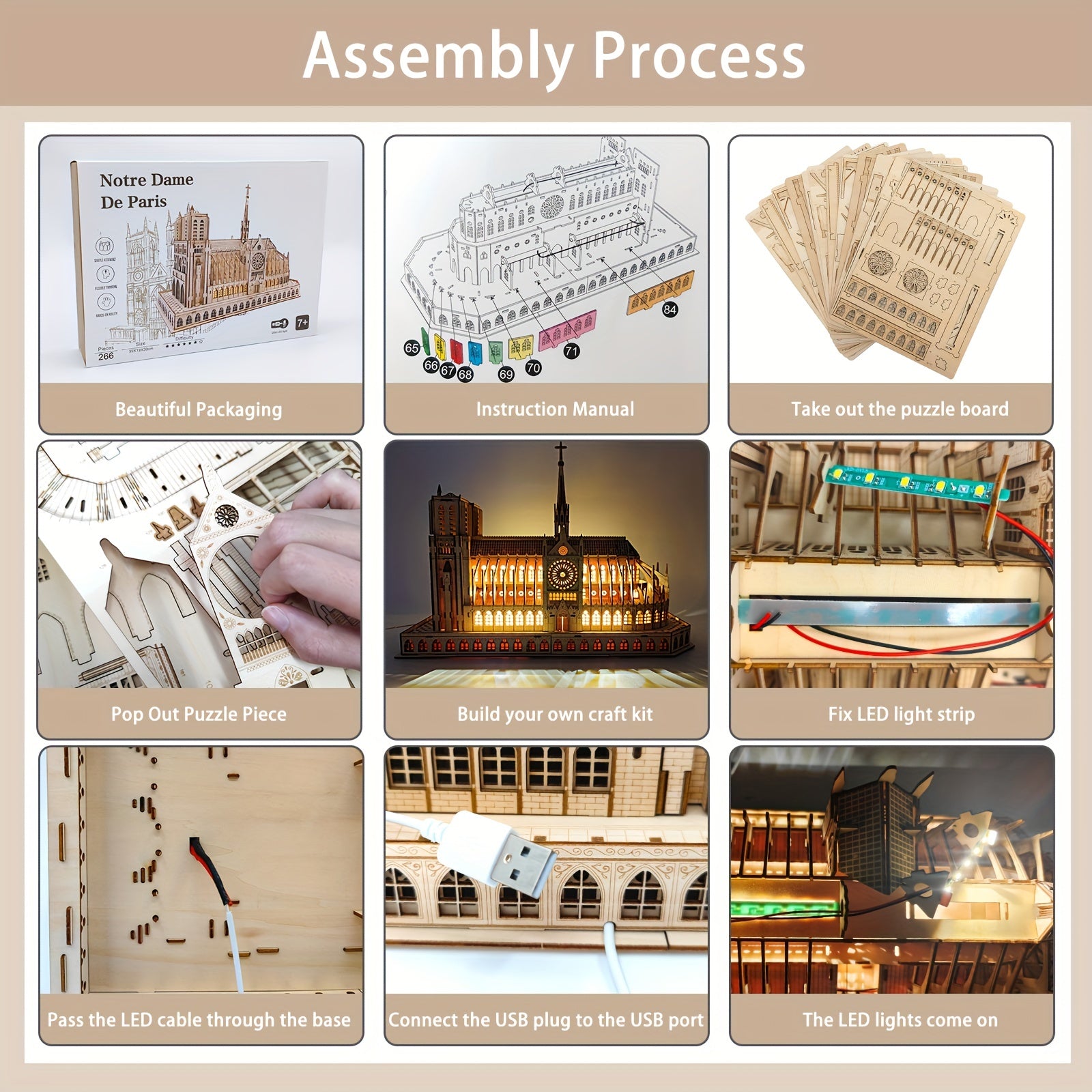 3D Wooden Puzzle Notre Dame Cathedral Model Kit with LED - DIY Brain Teaser Game