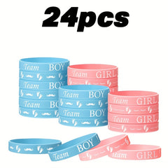 24pcs Team Boy Girl Gender Reveal Silicone Bands Pink & Mustache