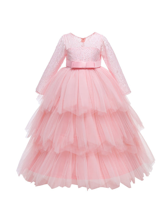 Mesh Puffy Princess Dress Girls Lace Long Sleeve Wedding Dress