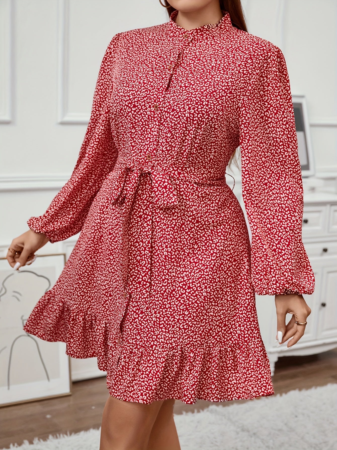  Leopard Print Lantern Sleeve Mock Neck Ruffle Trim Mini Dress