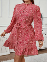  Leopard Print Lantern Sleeve Mock Neck Ruffle Trim Mini Dress