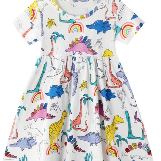 Girls Dinosaur Printed Crew Neck Dress Casual Summer Clothes